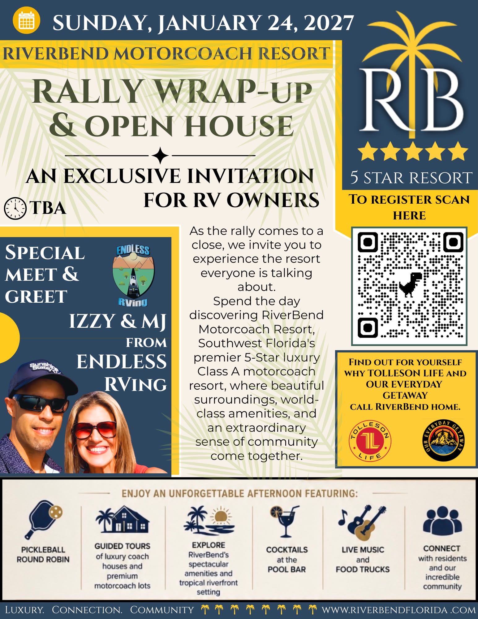 RiverBend Motorcoach Resort open house invite with QR code